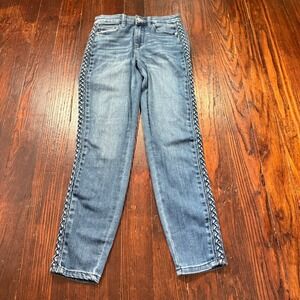 Judy Blue Jeans Womens 1/25 Blue Stretch Faded Whiskers Relaxed Fit Braid Accent